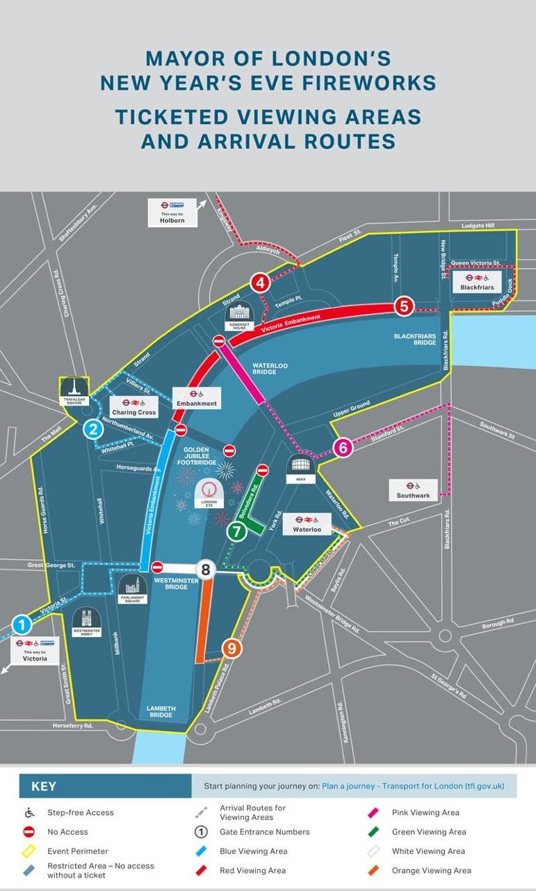 Mayor of London's New Year's Eve Fireworks official ticketed viewing areas, colour zones and arrival routes along the River Thames